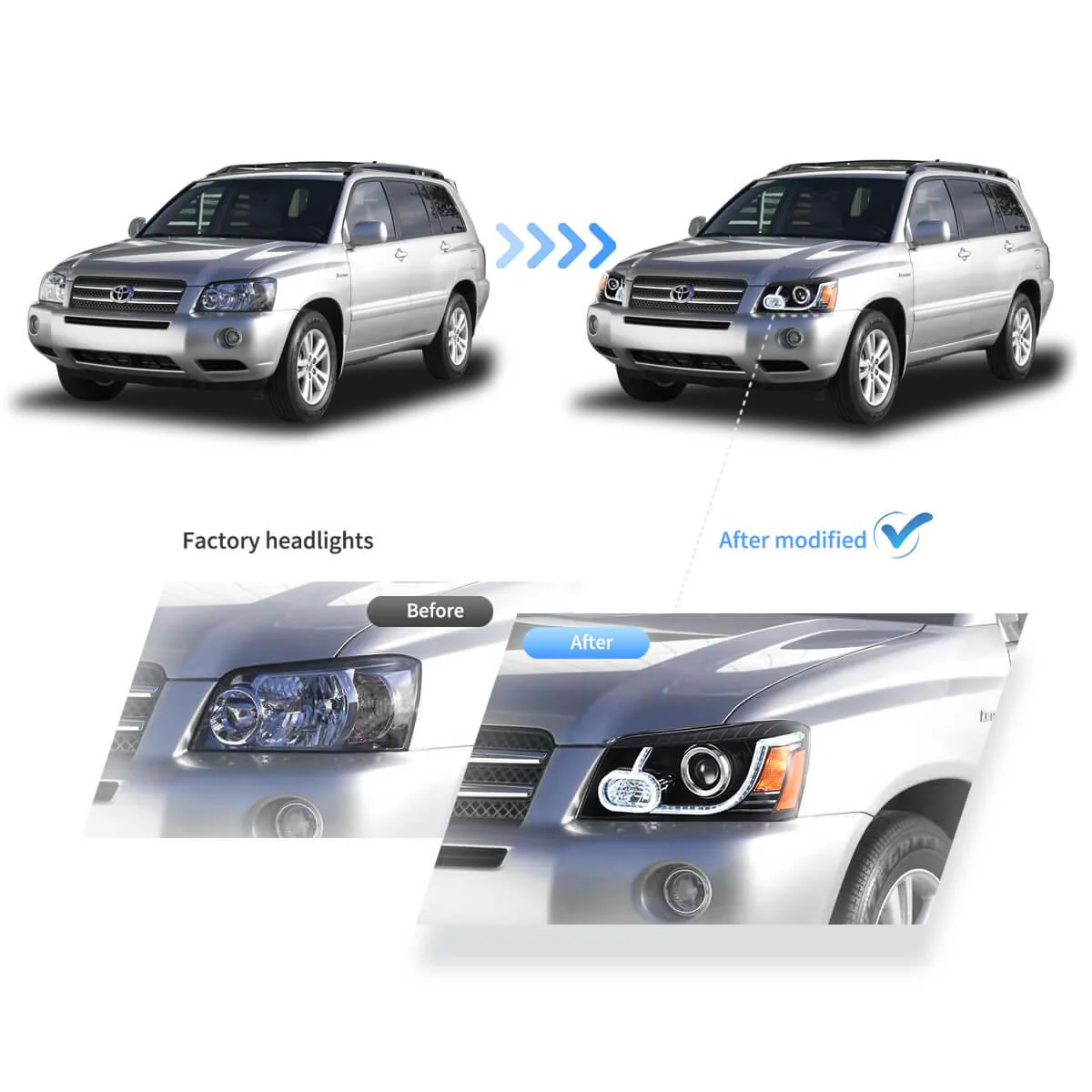 LED Headlight Assembly Dual Beam Projector Black For 2004-2007 Toyota Highlander 1th Gen (XU20) Facelift - Image 5