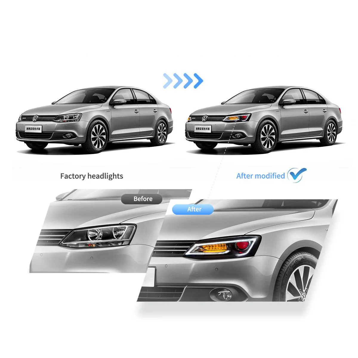 LED Headlight Assembly Dual Beam Projector Black For 2010-2018 Volkswagen Jetta - Image 7