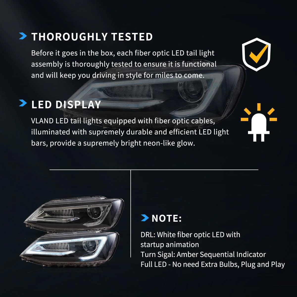 LED Headlight Assembly Dual Beam Projector Black For 2010-2018 Volkswagen Jetta - Image 9