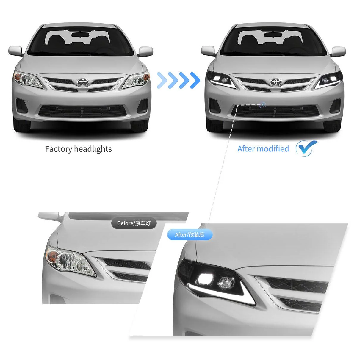 LED Headlight Assembly Projector Black For 2011-2013 Toyota Corolla 10th Gen (E140 Wide-Body) Facelift - Image 7