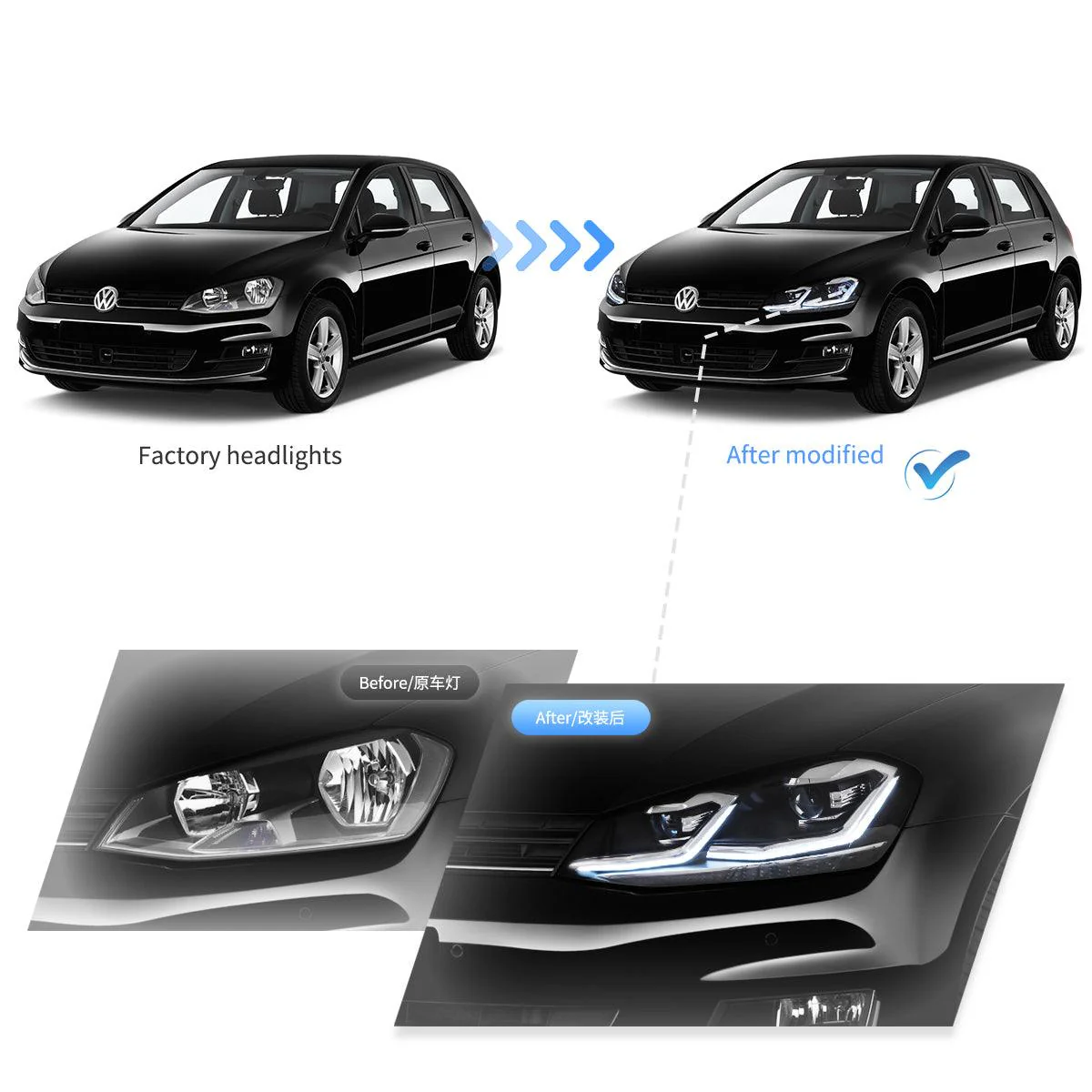 LED Headlight Assembly Projector Black For 2012-2017 Volkswagen Golf 7th Gen (Mk7, Typ 5G) - Image 6