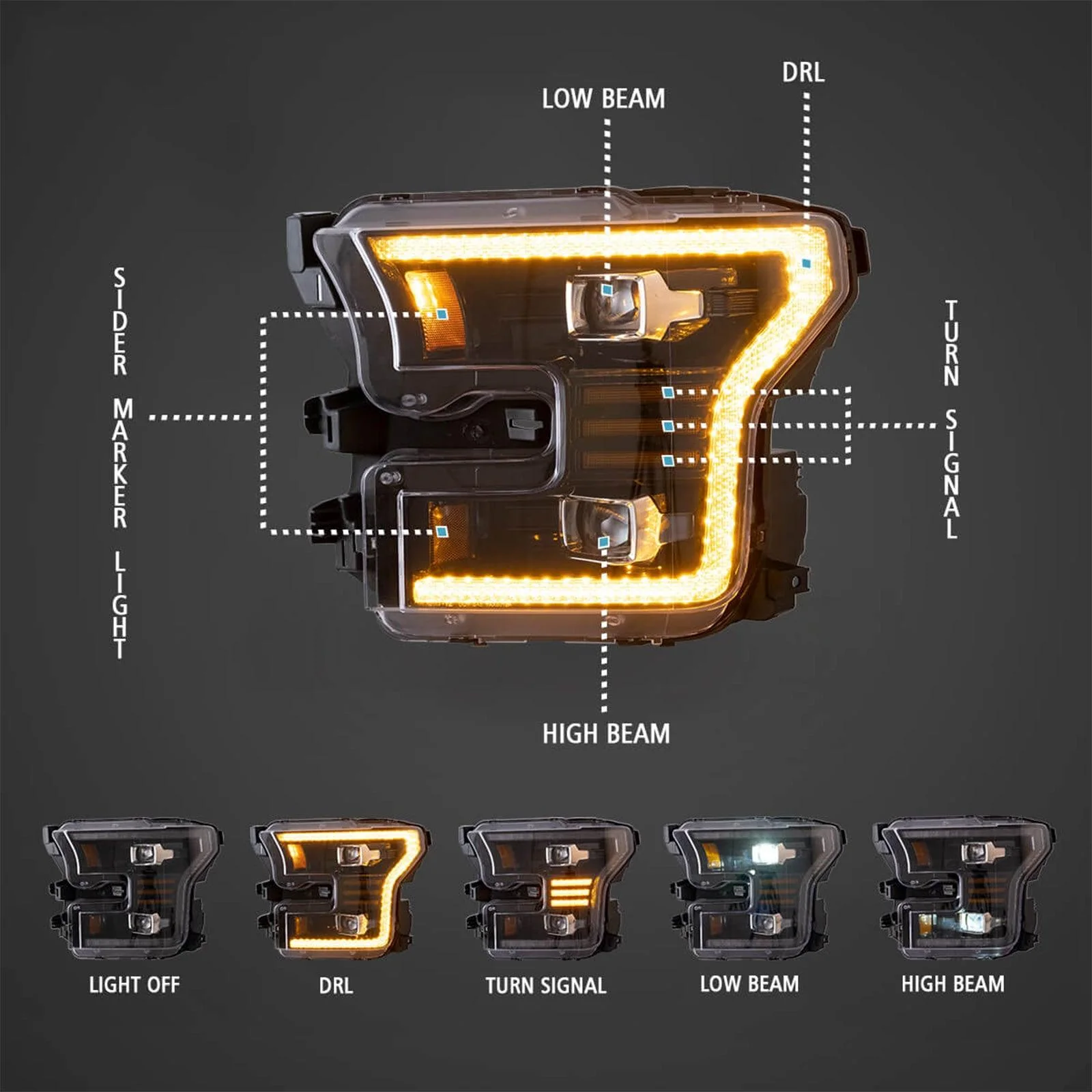 LED Headlight Assembly Dual Beam Projector Black For 2015-2017 Ford F150 (Fit Factory Halogen Version Only) - Image 4