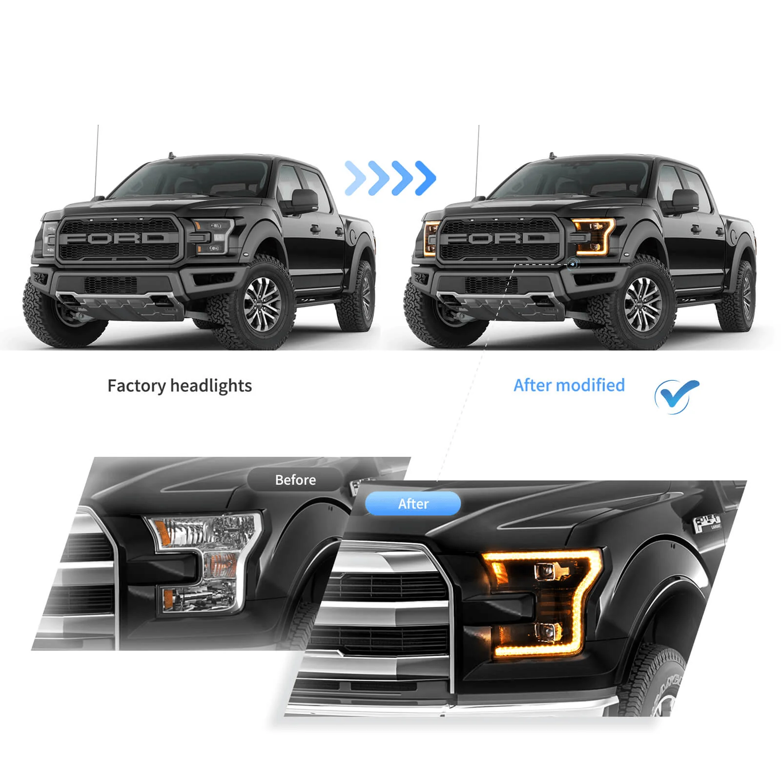 LED Headlight Assembly Dual Beam Projector Black For 2015-2017 Ford F150 (Fit Factory Halogen Version Only) - Image 5