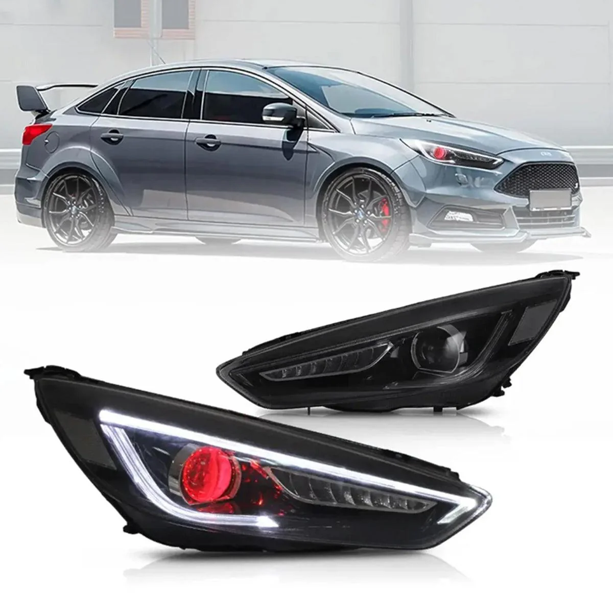 LED Headlight Assembly Dual Beam Projector Black For 2015-2018 Ford Focus 3th Gen Mark III Facelift - Image 3