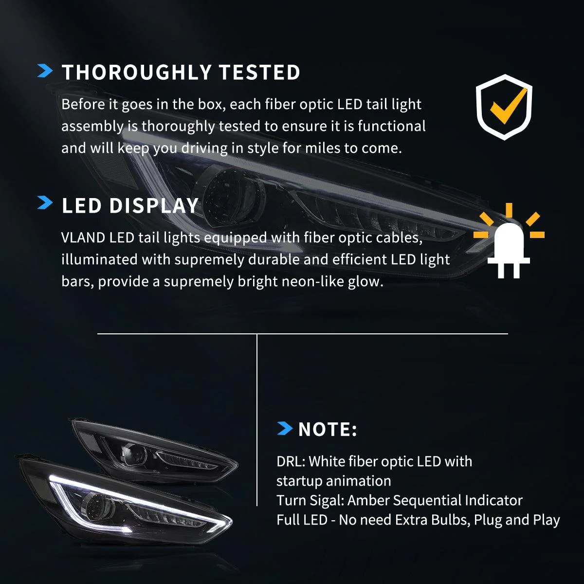 LED Headlight Assembly Dual Beam Projector Black For 2015-2018 Ford Focus 3th Gen Mark III Facelift - Image 7