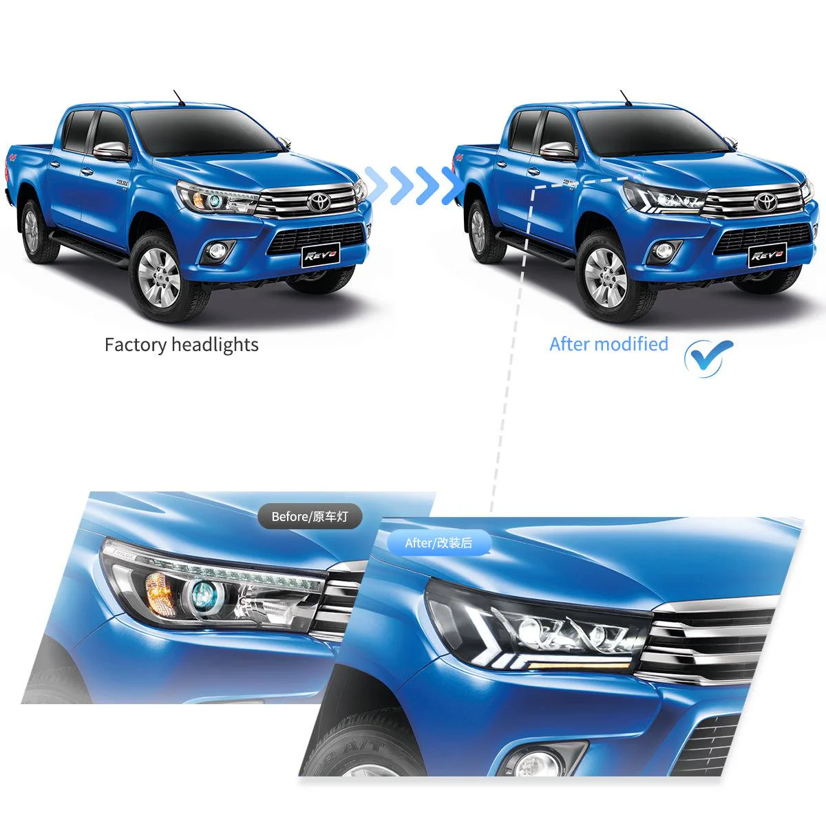 LED Headlight Assembly 2nd Dual Beam Projector Black For 2015-2020 Toyota Hilux SR5 8th Gens (GUN125, GUN126R) Pre-Facelift - Image 7