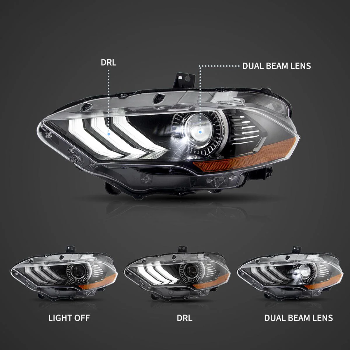 LED Headlight Assembly Dual Beam Projector Black For 2018-2024 Ford Mustang 6th Gen Facelifted - Image 3