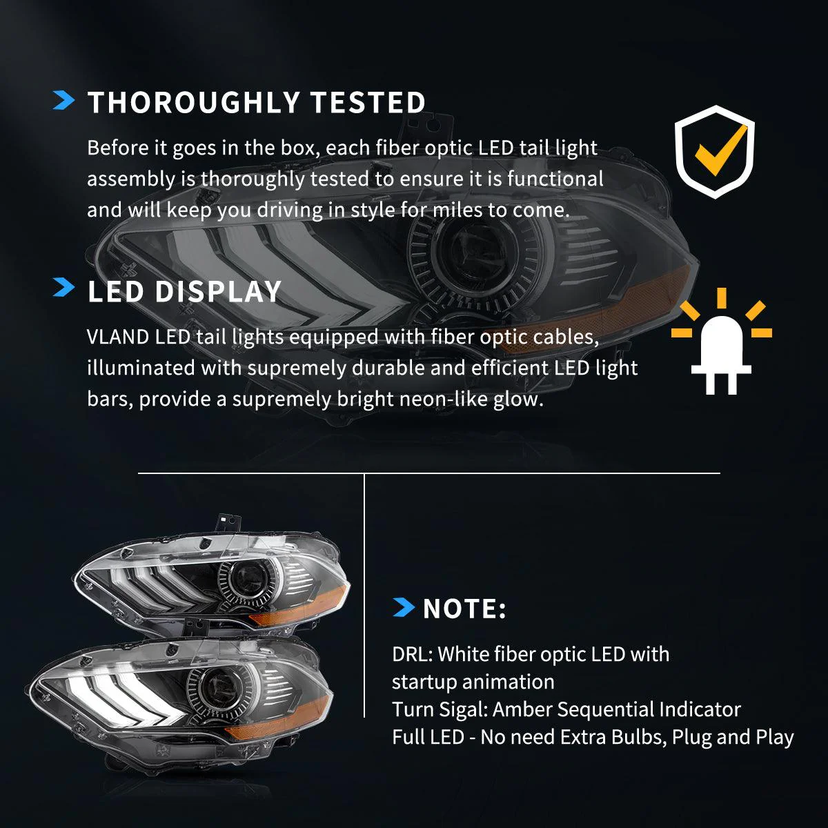 LED Headlight Assembly Dual Beam Projector Black For 2018-2024 Ford Mustang 6th Gen Facelifted - Image 8