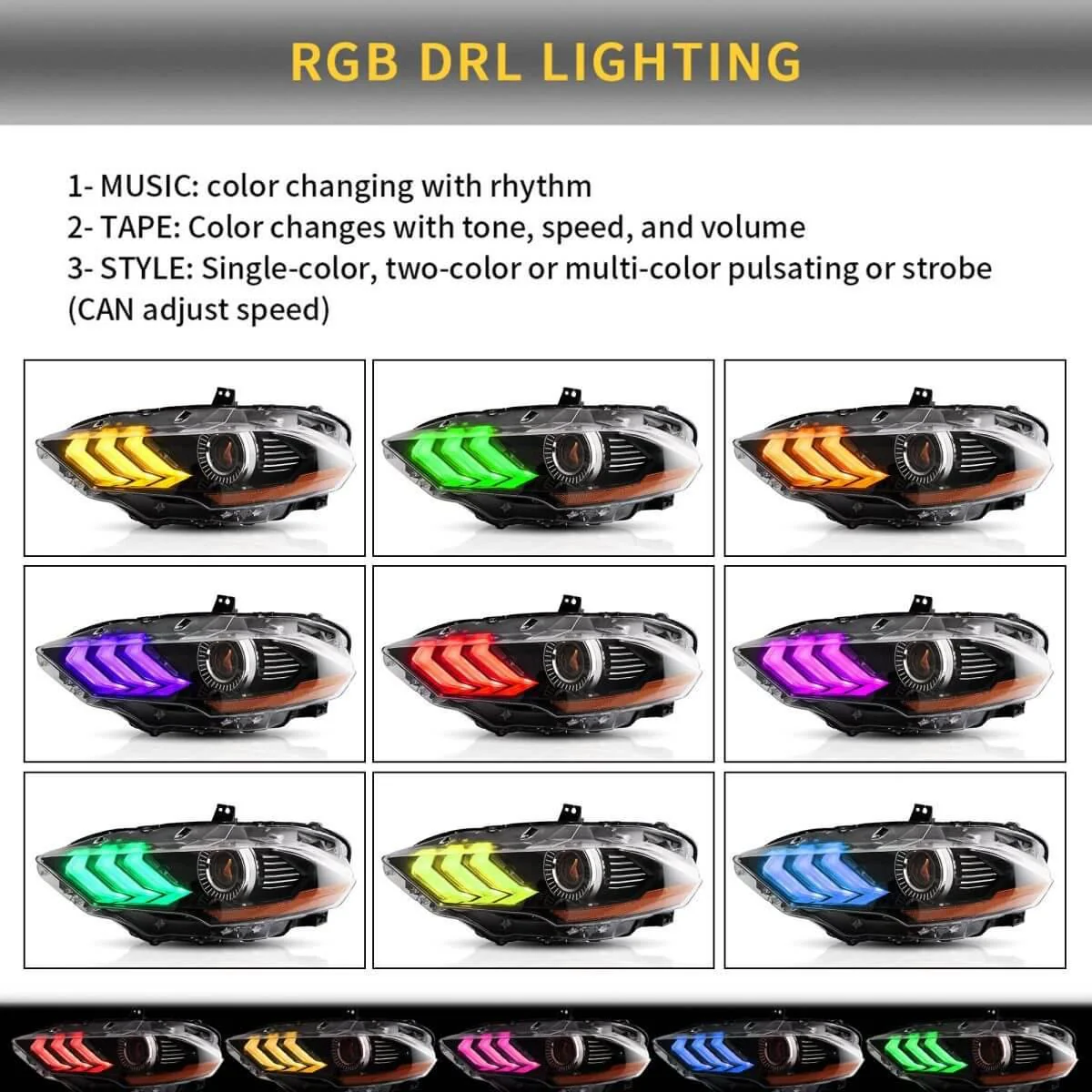 LED Headlight Assembly RGB Dual Beam Projector For 2018-up Ford Mustang 6th Gen Black - Image 6