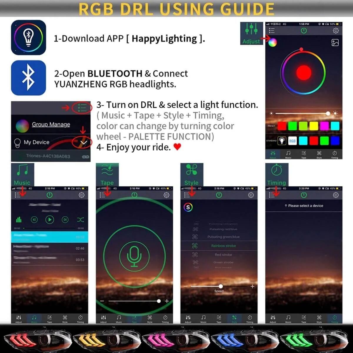 LED Headlight Assembly RGB Dual Beam Projector For 2018-up Ford Mustang 6th Gen Black - Image 8