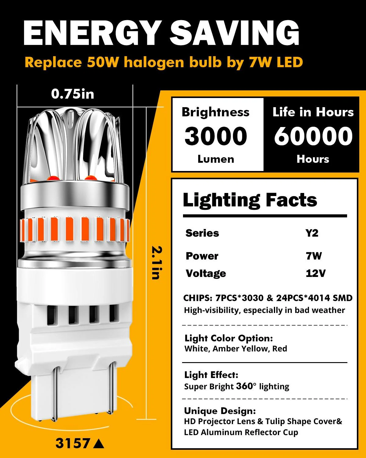 T25 3157 3156 LED Brake/Tail Light Bulbs 14W 6000LM CAN-Bus Error Free Red Y2 Series | 2 Bulbs - Image 5