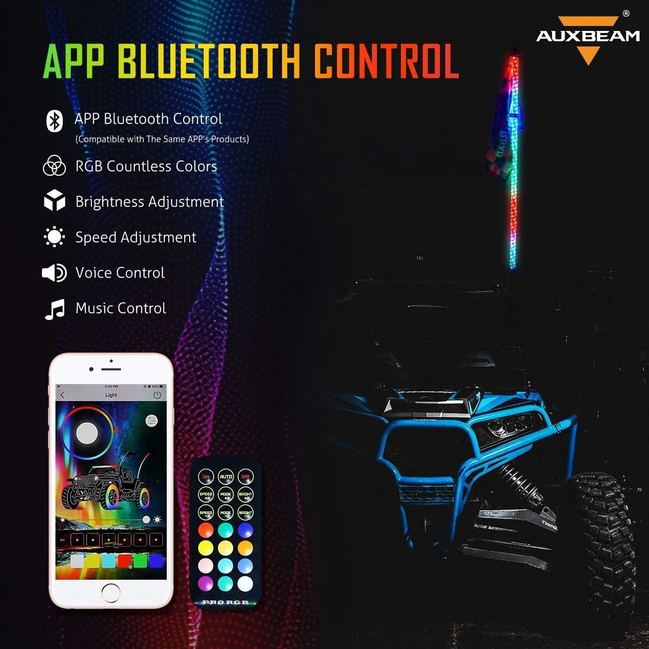 3FT/4FT LED RGB Whip Lights & Rear Pillar Flagpole Light Brackets Combo for Can-Am Maverick X3 2017 2018 2019 2020 2021 - Image 5