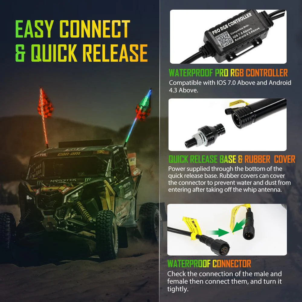 2Pcs 3FT RGB LED Whip Lights with Turn Signal & Brake Light + RGB LED Rock Lights Set with Bluetooth Controlled - Image 11