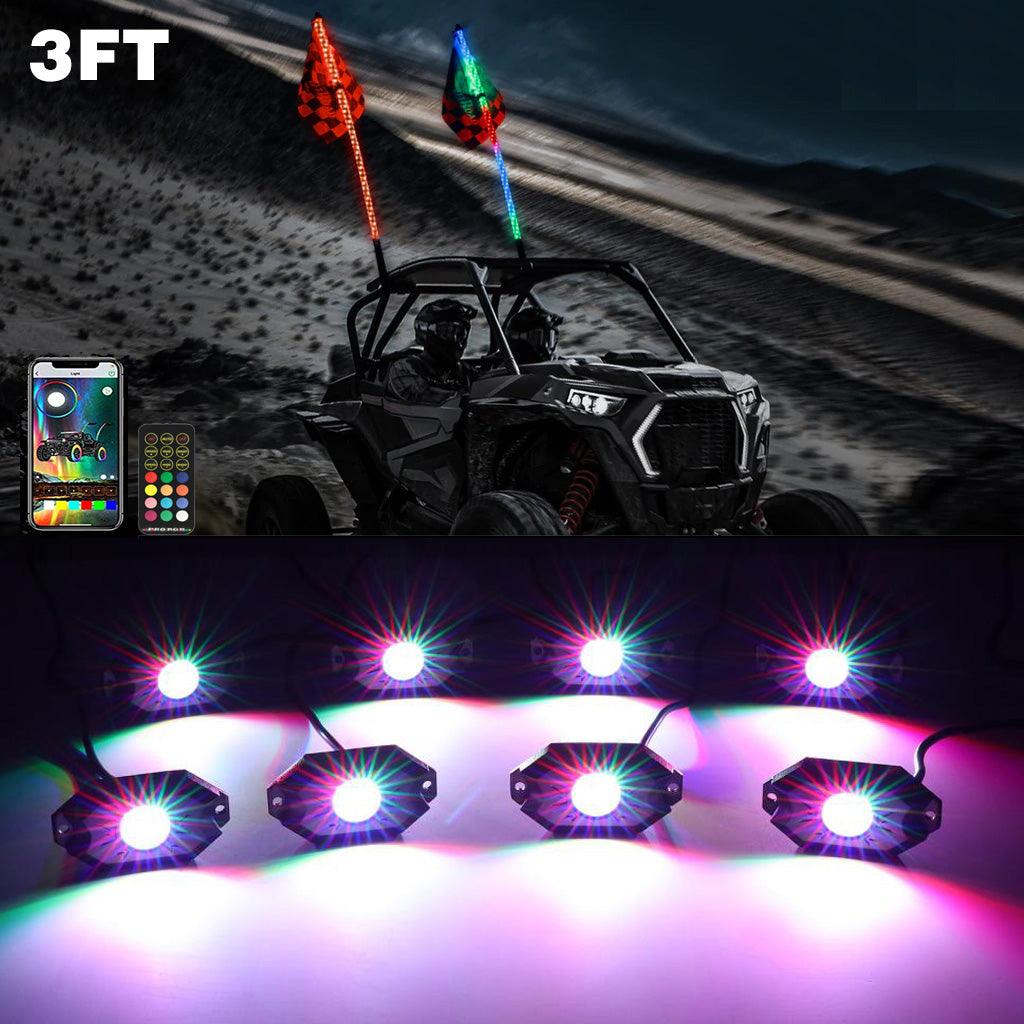2Pcs 3FT RGB LED Whip Lights with Turn Signal & Brake Light + RGB LED Rock Lights Set with Bluetooth Controlled - Image 21