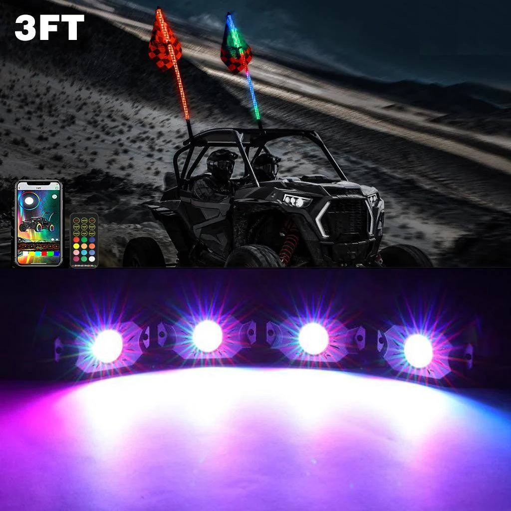 2Pcs 3FT RGB LED Whip Lights with Turn Signal & Brake Light + RGB LED Rock Lights Set with Bluetooth Controlled - Image 22