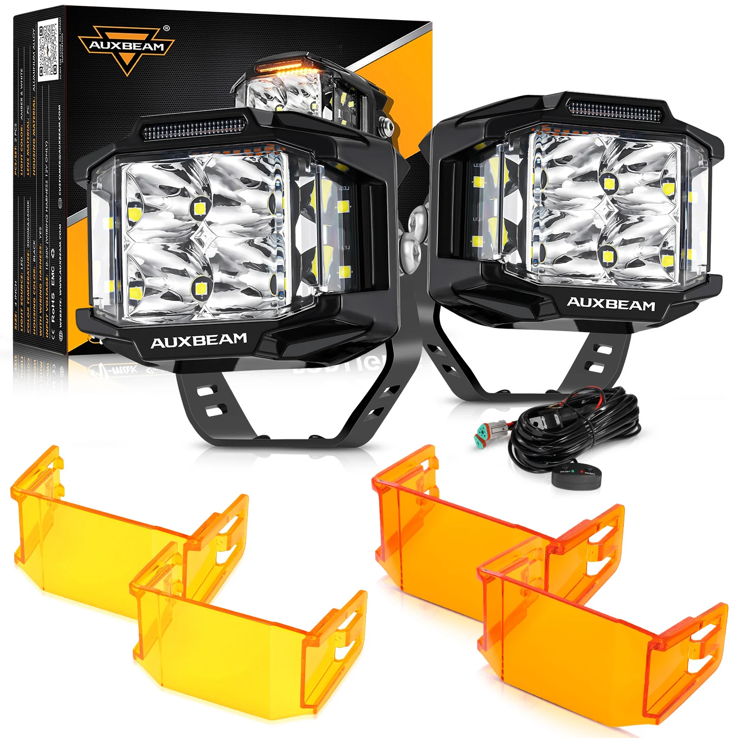 V-MAX Series | 4 Inch 92W 8960LM Spot Beam Side Shooter LED Square Pod Lights with Amber DRL - Image 24