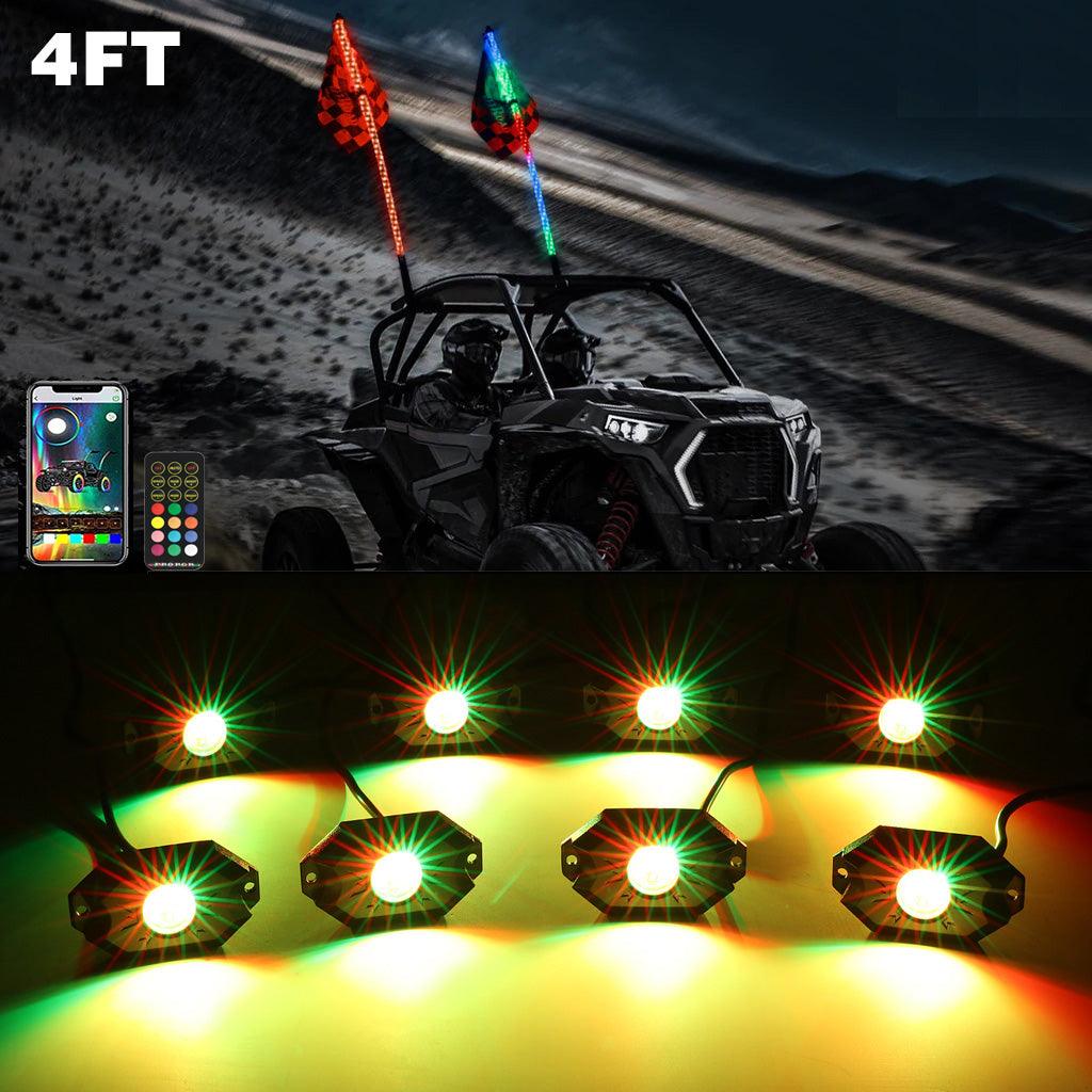 2Pcs 4FT RGB LED Whip Lights with Turn Signal & Brake Light + RGB LED Rock Lights Set with Bluetooth Controlled - Image 22