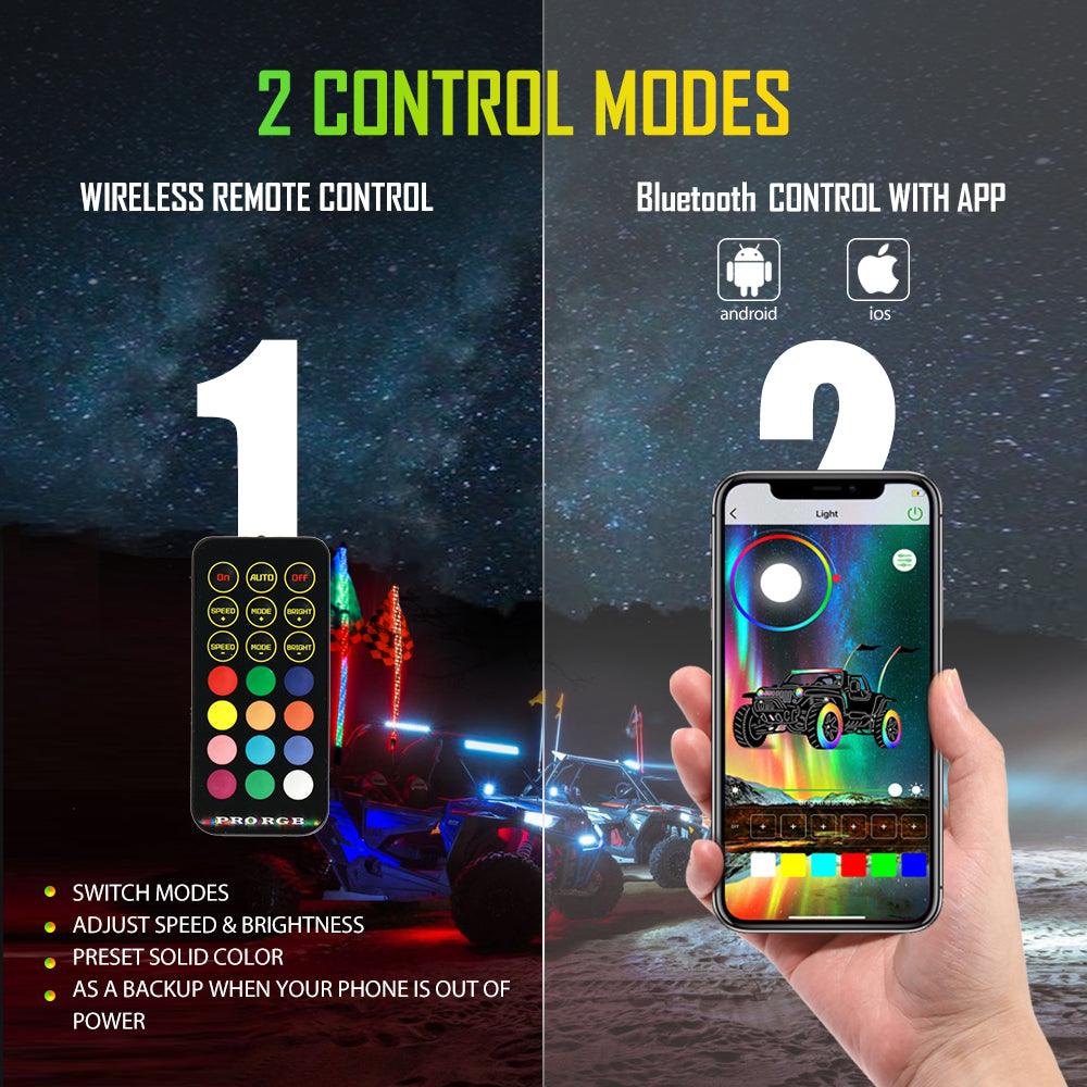 2Pcs 4FT RGB LED Whip Lights with Turn Signal & Brake Light + RGB LED Rock Lights Set with Bluetooth Controlled - Image 3