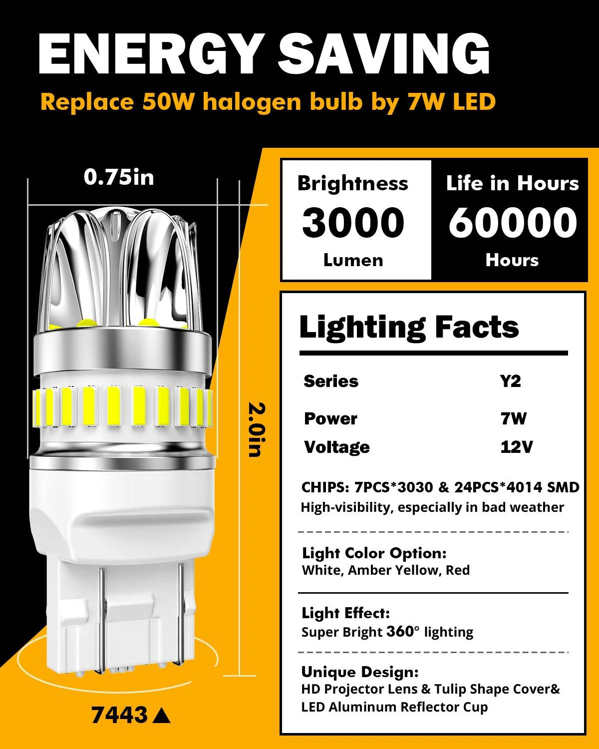 T20 7443 7440 LED Backup Reverse/Turn Signal/Brake Tail Light Bulbs 14W 6000LM CAN-Bus Error Free 6500K White Y2 Series | 2 Bulbs - Image 5