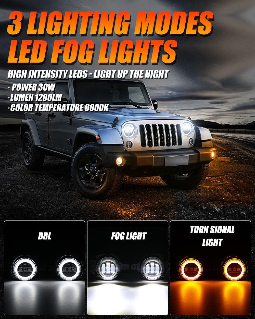 9'' LED Halo Headlights & 4'' 30W LED Fog Lights with White DRL+Amber Turn Signal For Jeep Wrangler JL 2018-2020 - Image 3