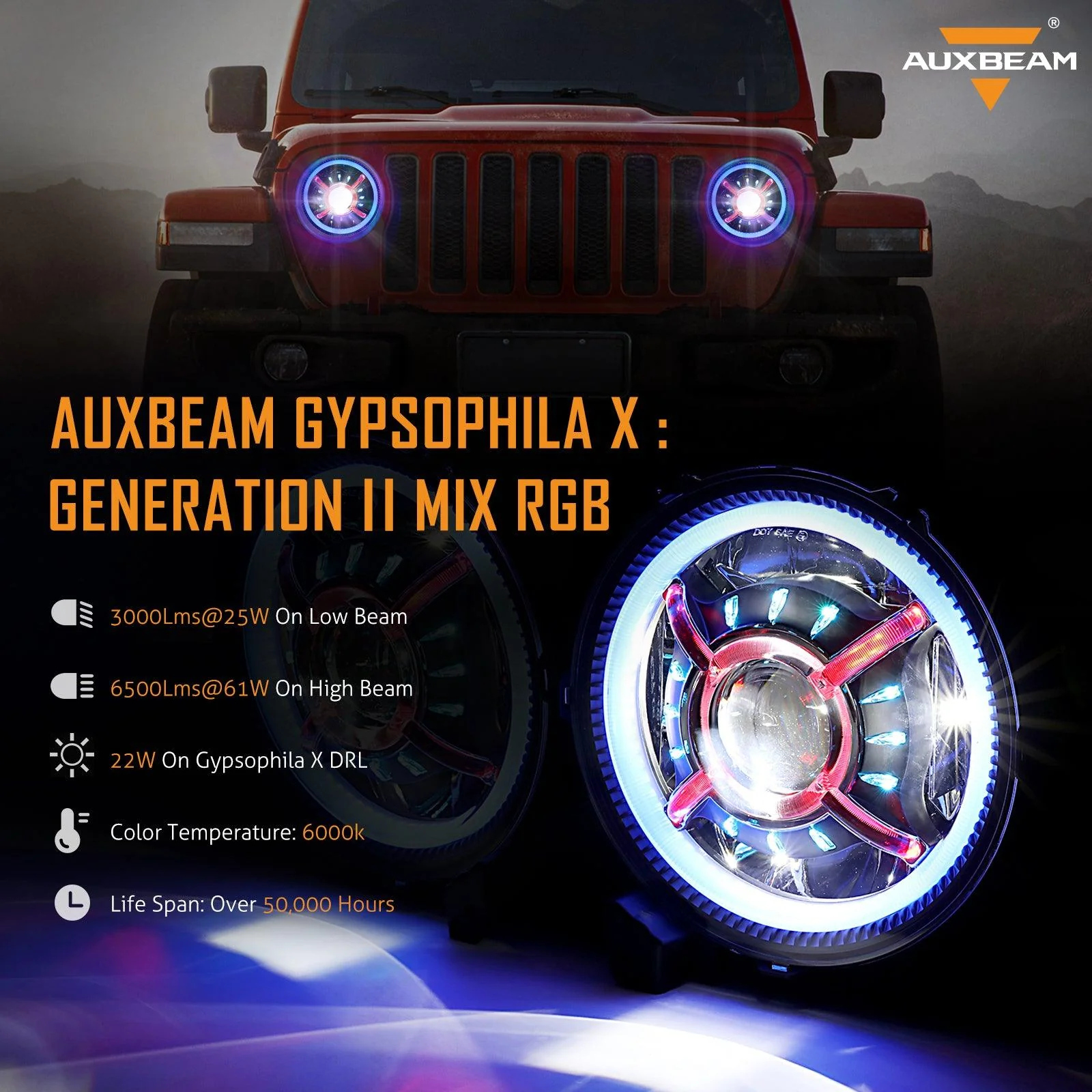 9'' Round RGB LED Headlights Bluetooth Control with DRL & 4'' 30W LED Fog Lights with Adapter Ring for Jeep Wrangler JL 2018-2019 - Image 3