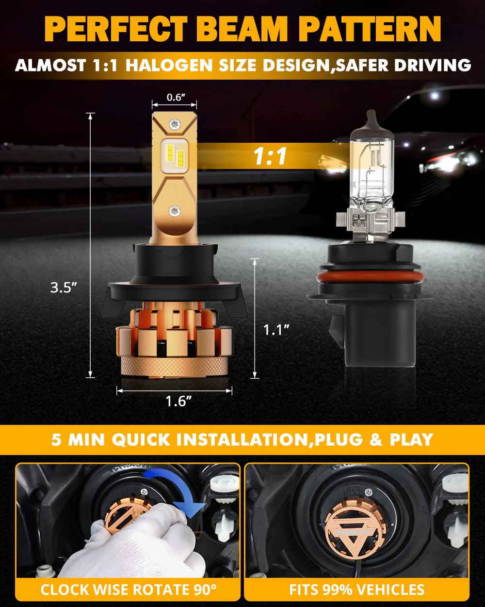 H13 LED Headlight Bulbs 70W 18000LM F-16 Plus Series Brightest 6000K Cool White | 2 Bulbs - Image 6