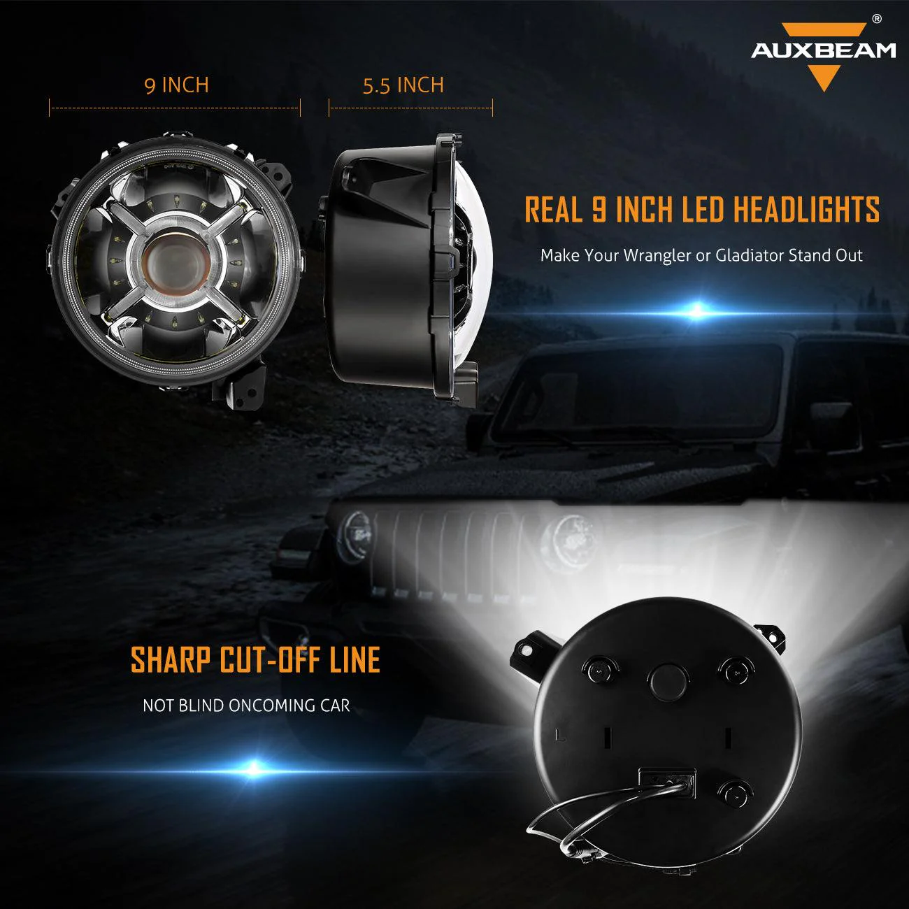 9'' Round 100W LED Headlights with DRL & 4 Inch 30W LED Fog Lights with Adapter Ring for Jeep Wrangler JL 2018-2019 - Image 3
