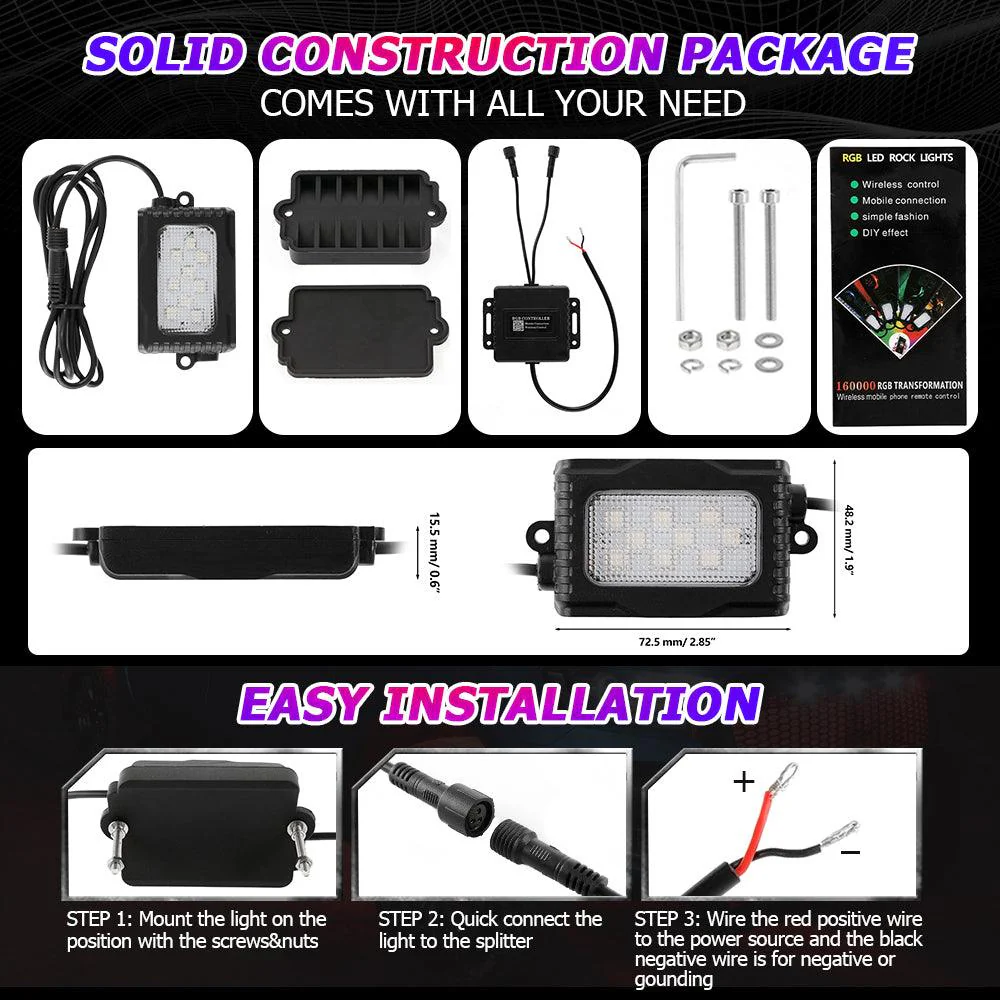 Magic Dream Color RGB LED Rock Lights Kit with Bluetooth APP Control, Multicolor Chasing Neon Underglow Lights - Image 5