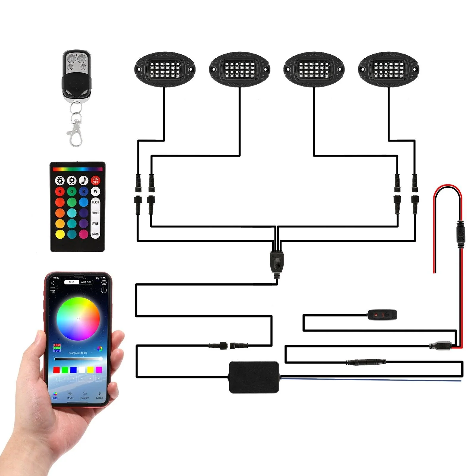 RGBW LED Rock Lights Kit with Bluetooth APP & Wireless Remote Control, Multicolor Neon Underglow Lights with Brake Light function - Image 20
