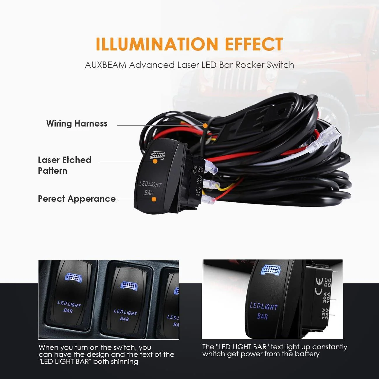 (2 Leads)LED Light Bar Rocker Switch with 3Pcs Switching Lines Wiring Loom Harness Kit with Fuse and Relay - Image 5
