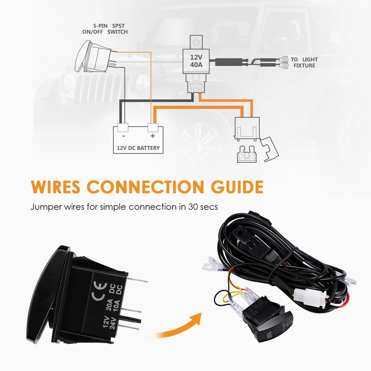 (2 Leads)LED Light Bar Rocker Switch with 3Pcs Switching Lines Wiring Loom Harness Kit with Fuse and Relay - Image 7