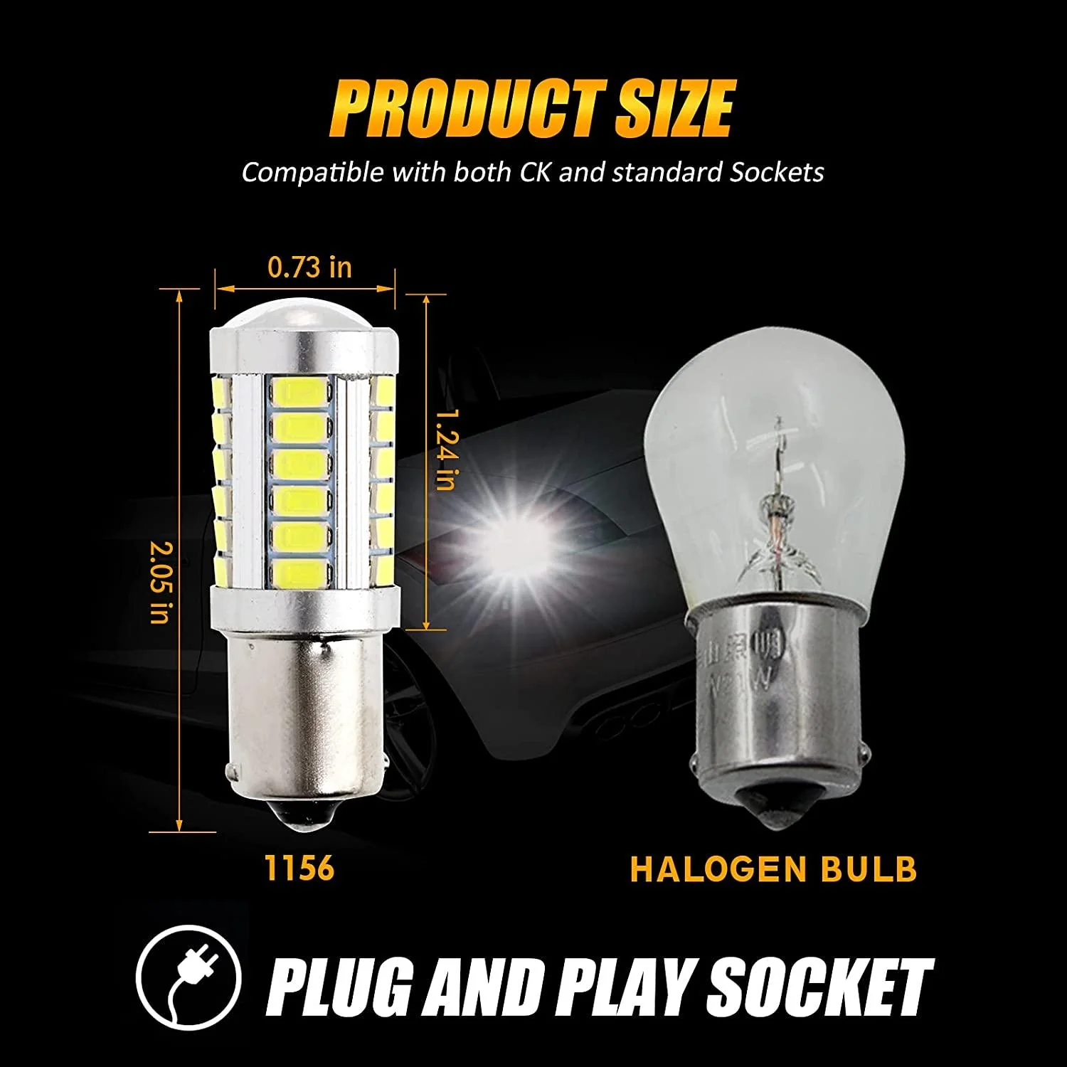 1156 P21W BA15S LED Brake/Reverse/Parking/Tail/Turn Singnal Light Bulbs 50W 8000LM Cool White/Amber/Red 33 Series | 2 Bulbs - Image 4