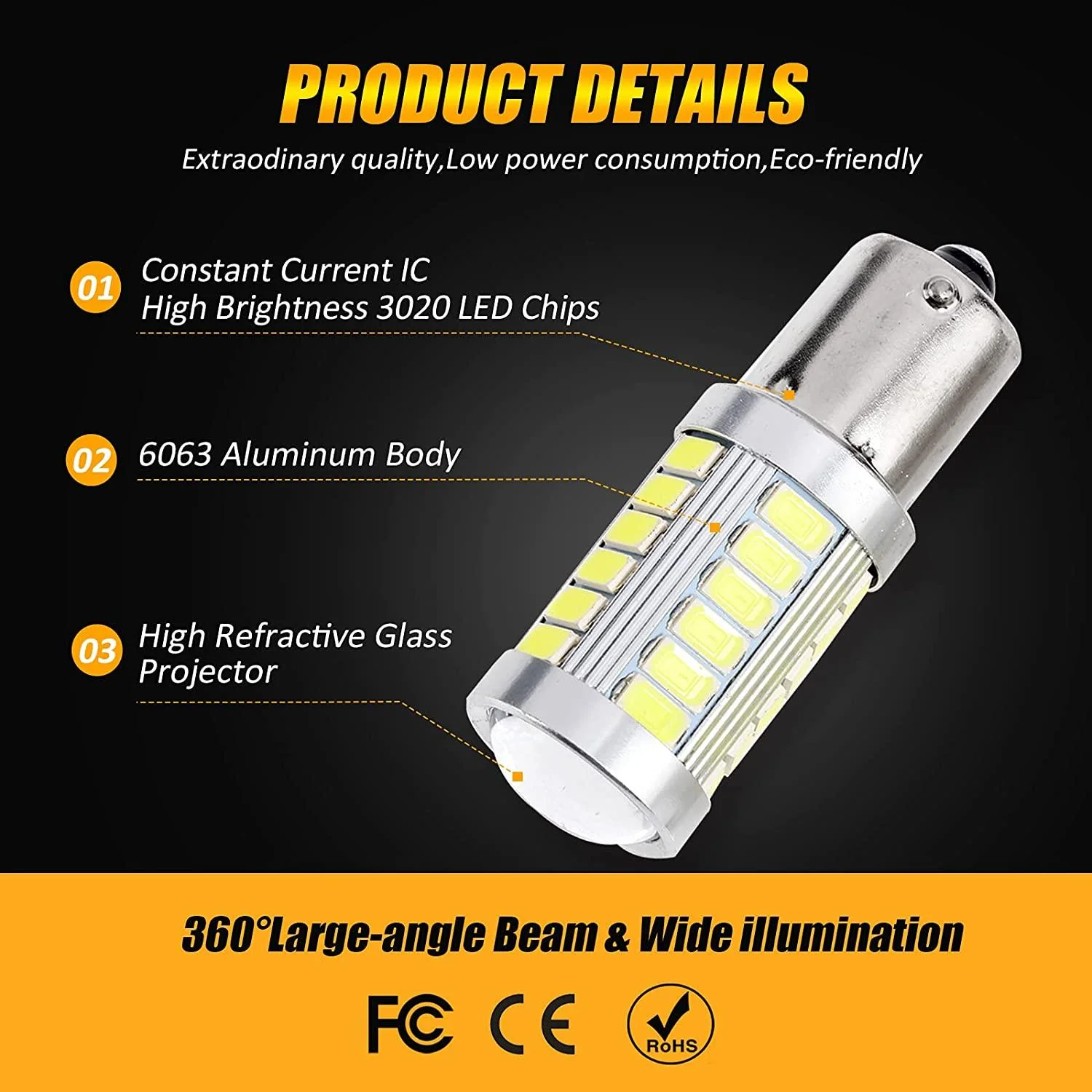 1156 P21W BA15S LED Brake/Reverse/Parking/Tail/Turn Singnal Light Bulbs 50W 8000LM Cool White/Amber/Red 33 Series | 2 Bulbs - Image 6