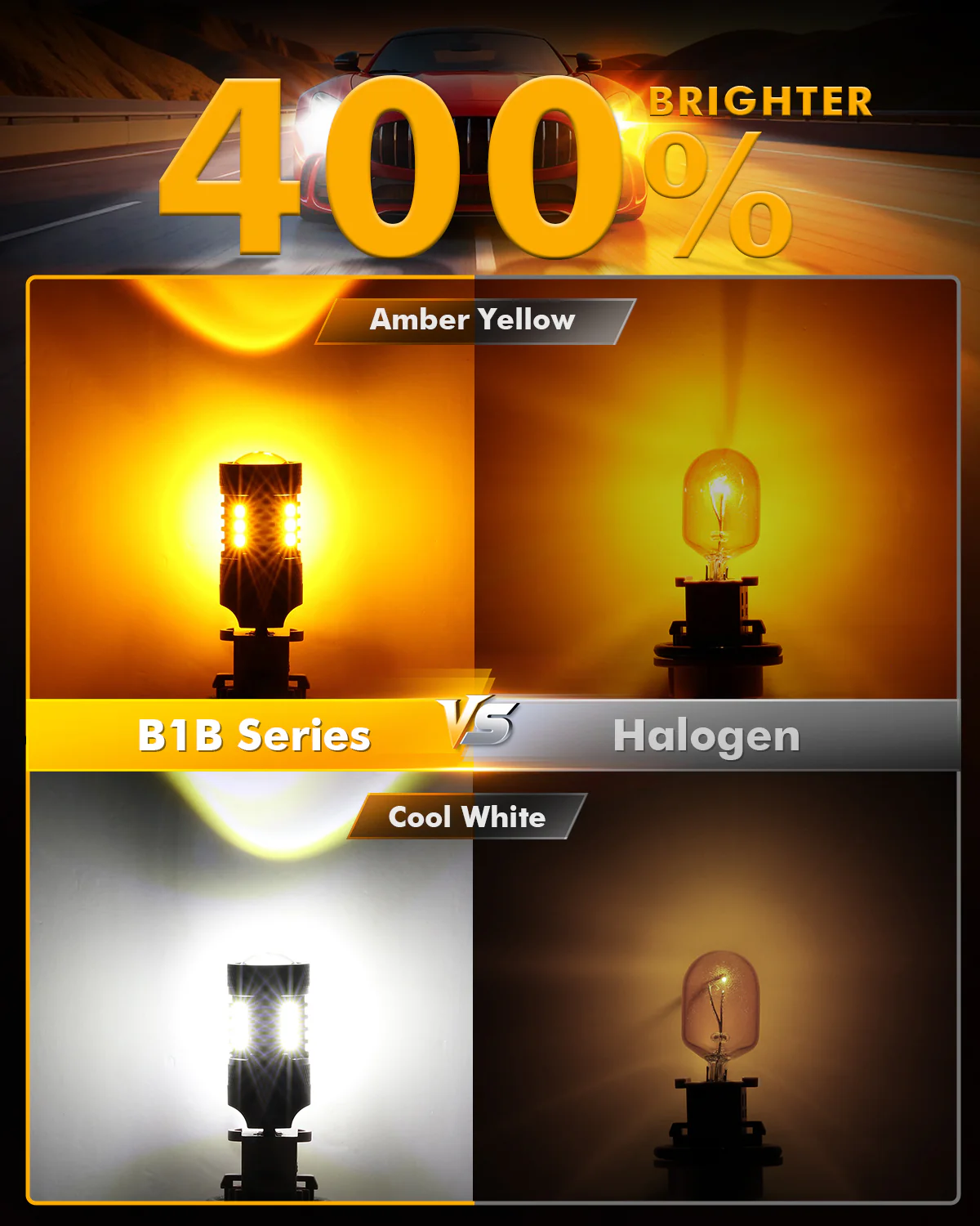 T20 7443 7440 LED Front Turn Signal & DRL Light Bulbs 400% High Brightness Dual Color Switchback White & Amber B1B Series | 2 Bulbs - Image 3