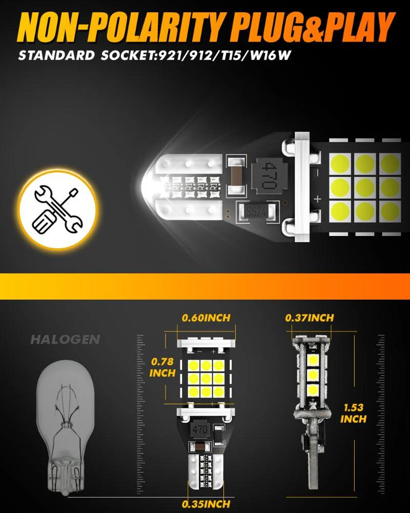 912 921 T15 W16W LED Back-up/Brake/Tail Light Bulbs 10W 300% High Brightness CAN-Bus Error Free 6500K White | 2 Bulbs - Image 6