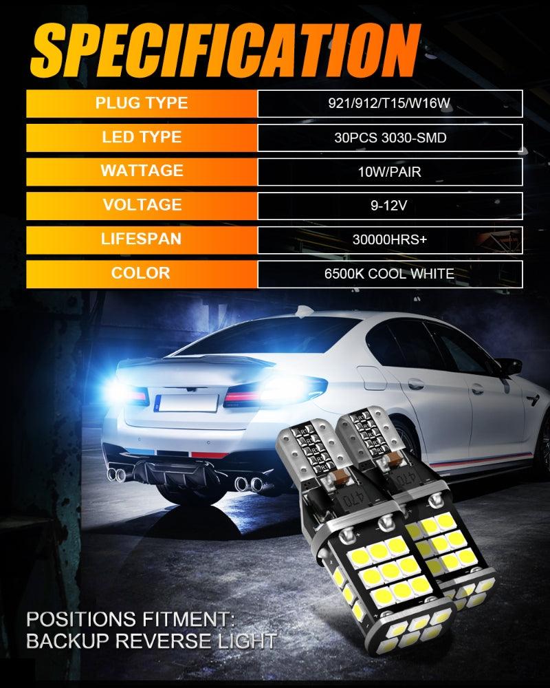 912 921 T15 W16W LED Back-up/Brake/Tail Light Bulbs 10W 300% High Brightness CAN-Bus Error Free 6500K White | 2 Bulbs - Image 8