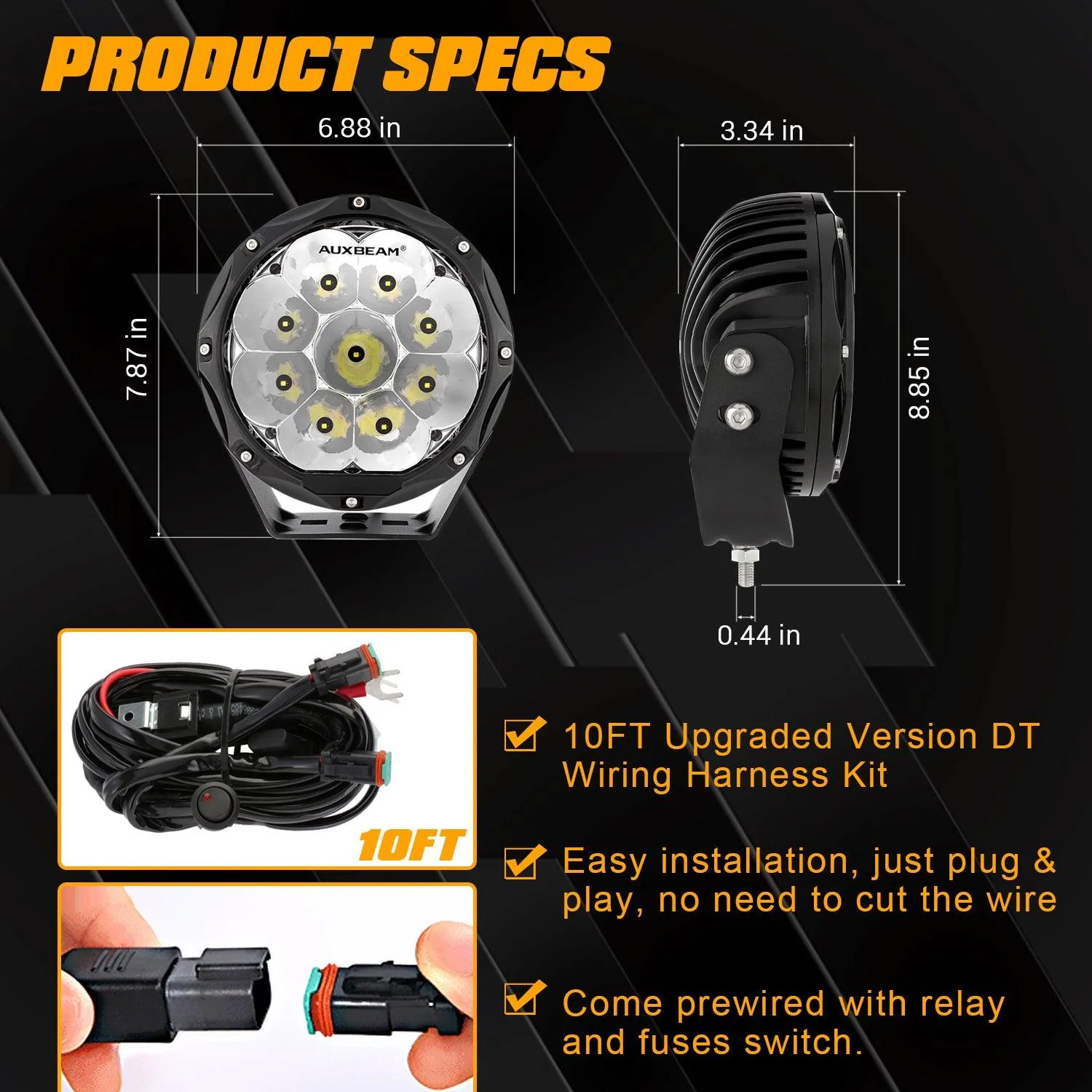 (2pcs/set) 7 Inch 90W Round Spot Beam Offroad LED Driving Lights w/ SAE Compliant+Amber/Black Covers(Optional) - Image 6