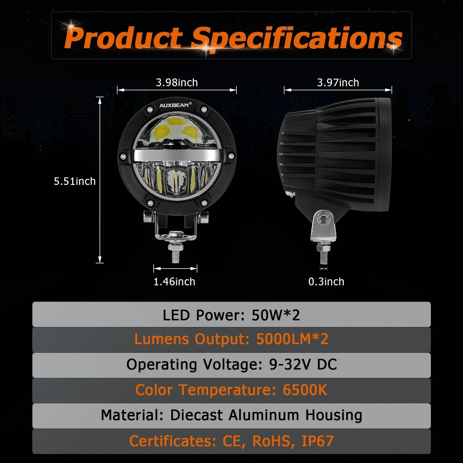 C4 Series | 4 Inch 100W Round Offroad LED Driving Lights Combo Beam - Image 3