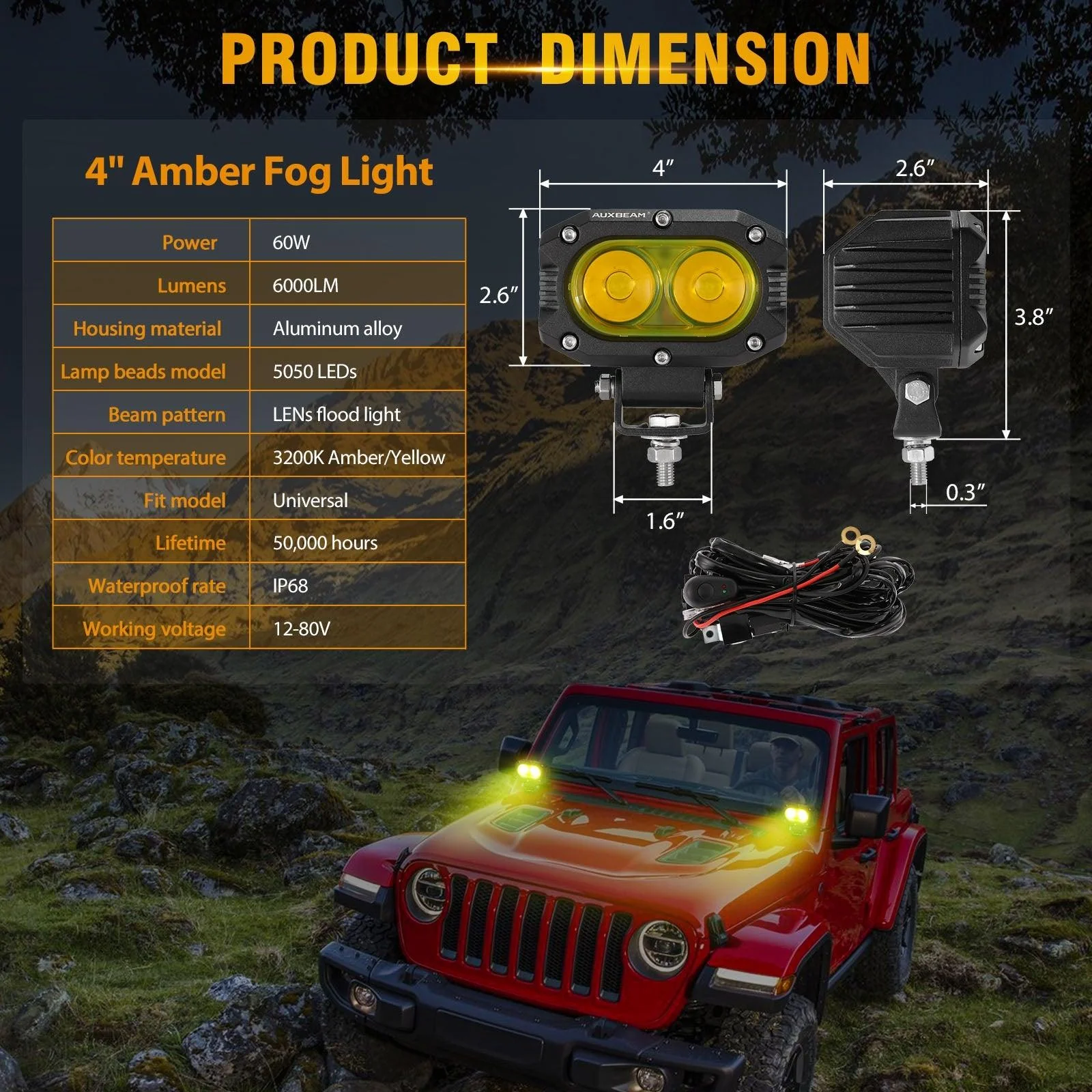 R4 Series | 4 Inch 60W LED Pods Light Flood Beam Amber Light - Image 5
