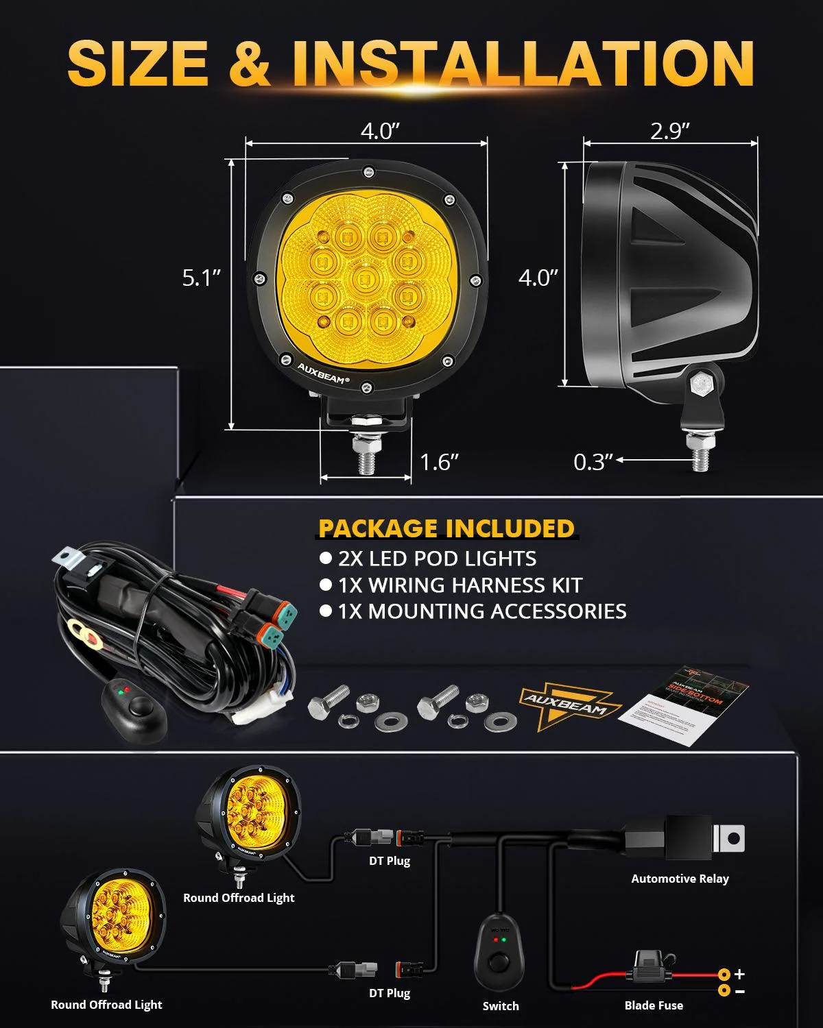 P4 Series | 4 Inch 90W 9000LM Round LED Driving Lights Flood Amber Pod Lights - Image 5